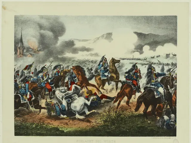 The image shows a painting of a group of men on horseback in the midst of a battle. The men are...