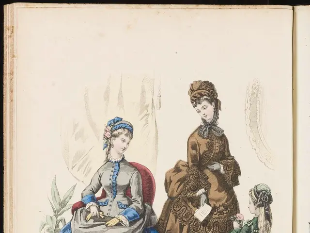 The image shows an open book with a drawing of three women in dresses and a child. The book is...