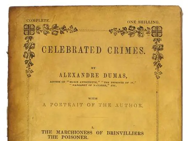 The image shows an old book with the title "Celebrated Crimes" by Alexandre Dumas, a portrait of...