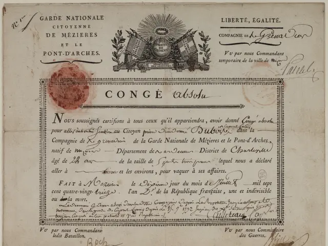 The image shows an old document with a red stamp on it, which appears to be a certificate issued by...