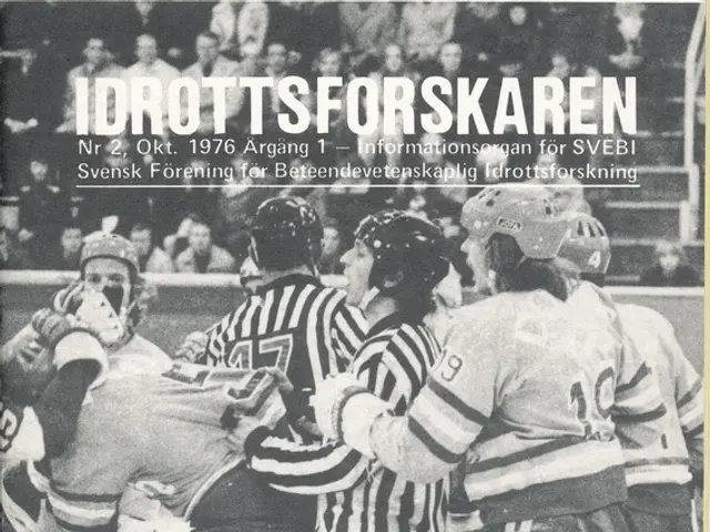 The image shows a black and white photo of a group of people wearing helmets and ice skates,...