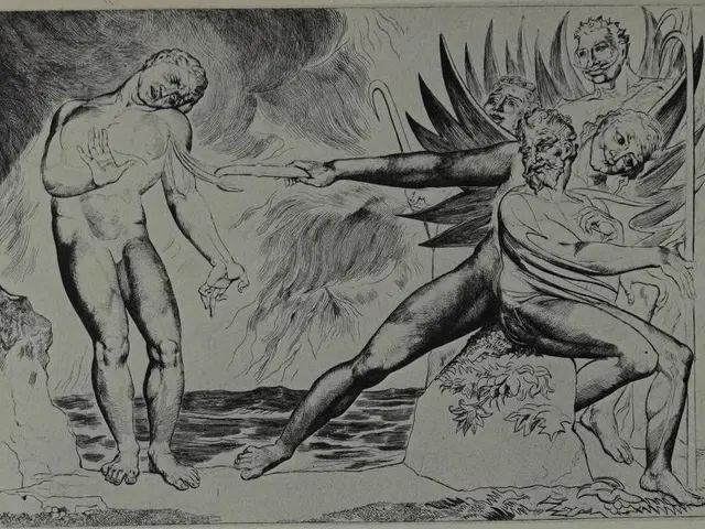 The image shows a black and white drawing of a man and a woman standing in front of a body of...