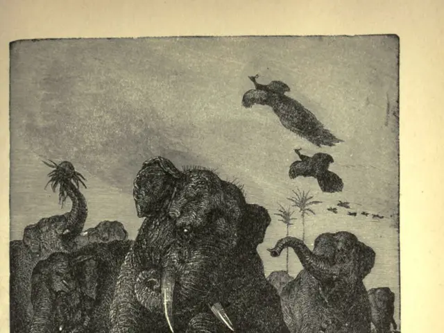 The image shows a battle in the jungle, with an elephant and a tiger in the foreground, surrounded...