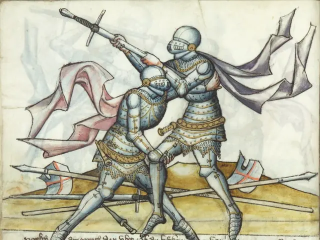 The image shows two knights in full armor, each holding a sword and shield, engaged in a fierce...