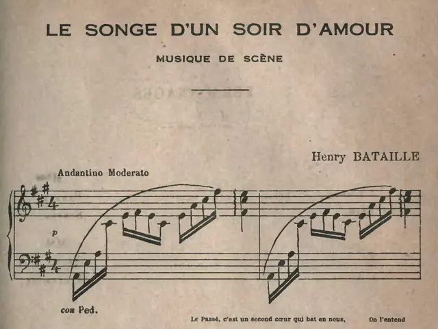 The image shows an old book with music notes on it. The paper is filled with text and musical...