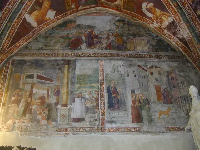 The image shows a fresco on the ceiling of a church in Italy. It depicts a group of people,...