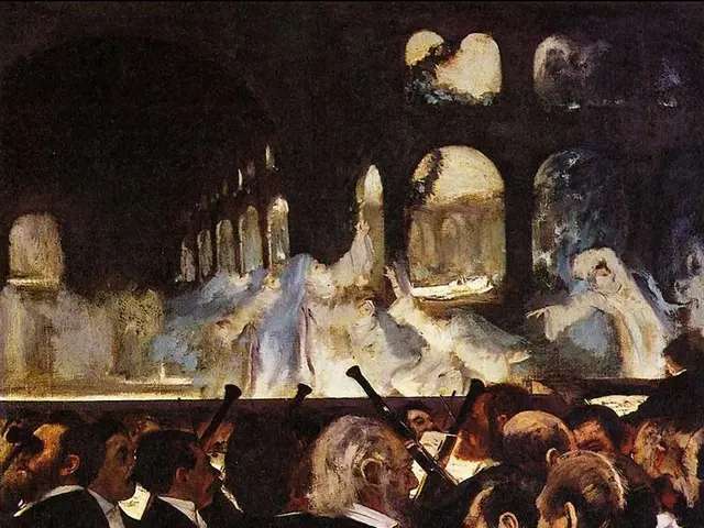 The image shows a painting of a group of people in a room, with some of them holding musical...