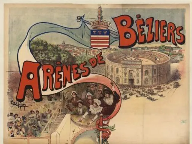 The image shows a poster advertising the Arenes de Beziers in Madrid, Spain. It features a vibrant...