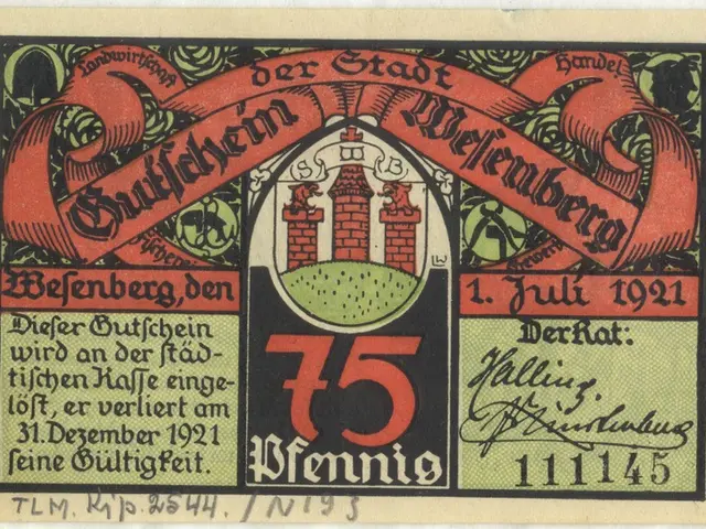 The image shows an old German banknote with a picture of a building on it. The text on the paper...