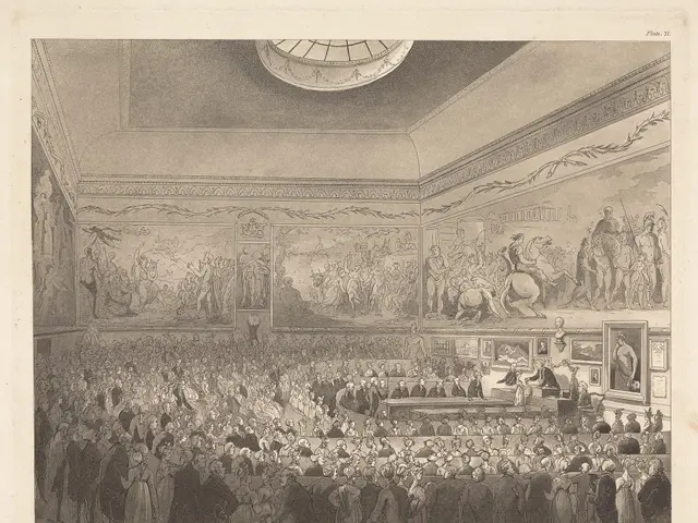 The image shows an engraving of a large room filled with people, some standing and some sitting,...