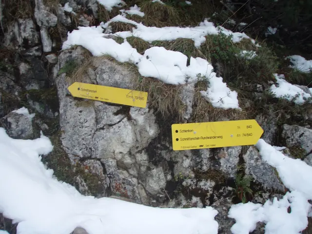 The image shows a snow-covered mountain with two yellow signs on the side of it. The signs have...