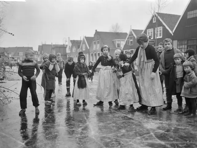 The image shows a group of children standing on top of a frozen lake, surrounded by trees and...