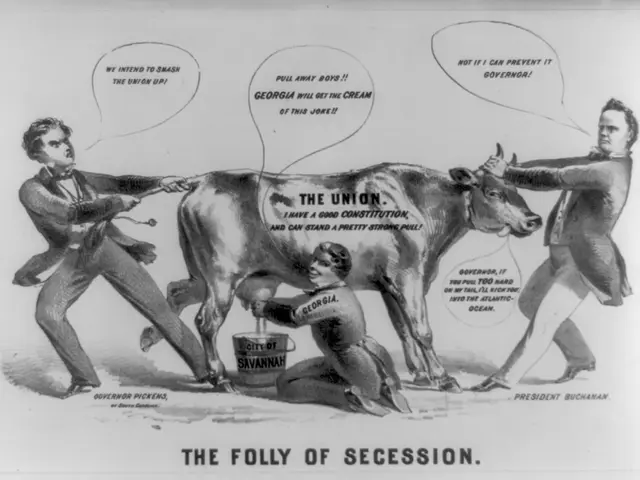 The image shows a poster with a black and white picture of three people, a cow, and text that reads...