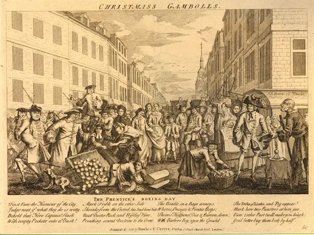 The image shows an engraving of a crowd of people walking down a street, with some of them holding...