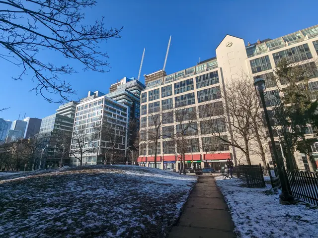 The image shows a snowy sidewalk in the middle of a city with tall buildings in the background. The...