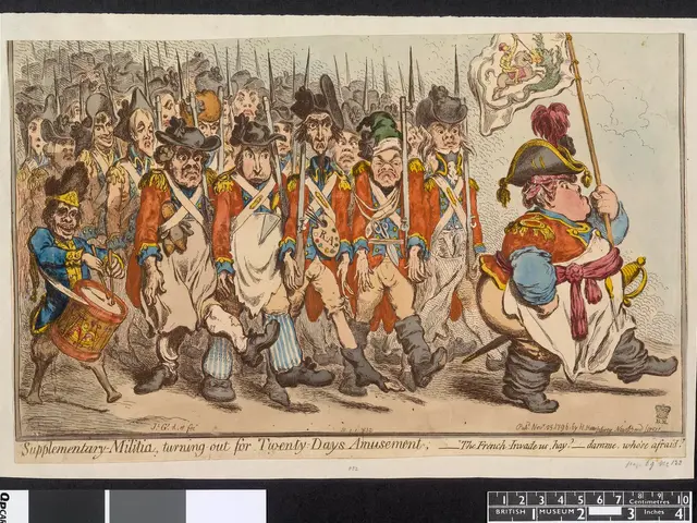 The image shows a group of men in military uniforms marching down a street, with one of them...