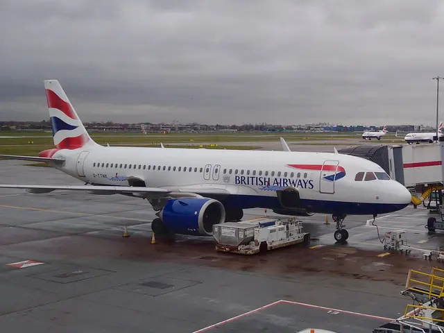 The image shows a British Airways Airbus A320-200 on the runway at London Heathrow Airport,...