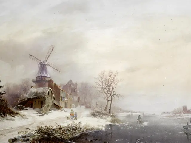 The image shows a winter landscape with a windmill in the background, surrounded by houses, trees,...
