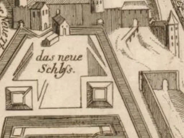 The image shows a drawing of a map of the city of Schleswig-Holstein, with buildings and text...