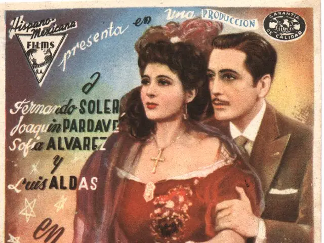 The image shows an old Mexican movie poster featuring a man and a woman. The poster has text...