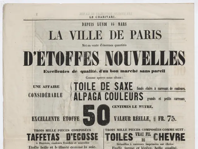 The image shows an old newspaper advertisement for a store in Paris, France. The paper has text...