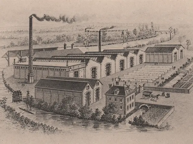 The image shows an old drawing of a factory with smoke coming out of it, surrounded by houses,...