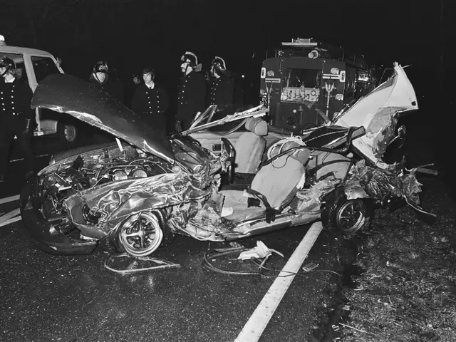 The image shows a black and white photo of a car that has been involved in a crash on the side of...