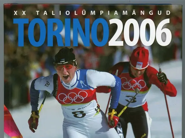 The image shows a poster of the 2006 Olympic Games in Torino, Italy. It features two people skiing...