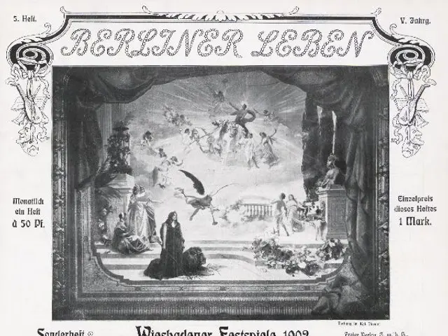 The image shows an old black and white photo of a stage with a group of people on it. The text on...