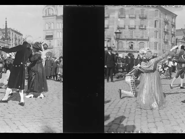 The image shows a black and white photo of a group of people dancing in the street, surrounded by...