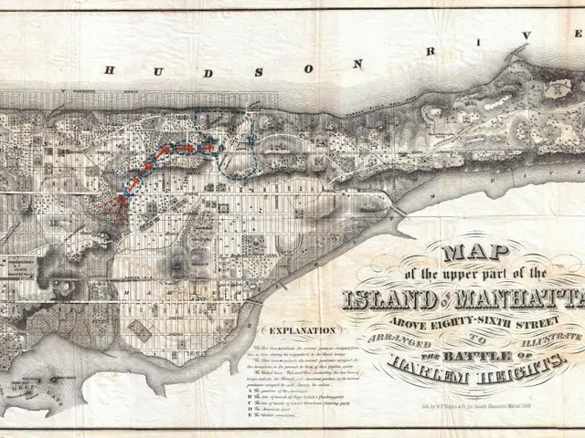 The image shows a map of the upper part of the island of Manhattan, with text written on it. The...