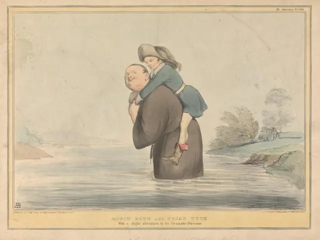 The image shows a man carrying a child on his back in the water, surrounded by trees and rocks. At...