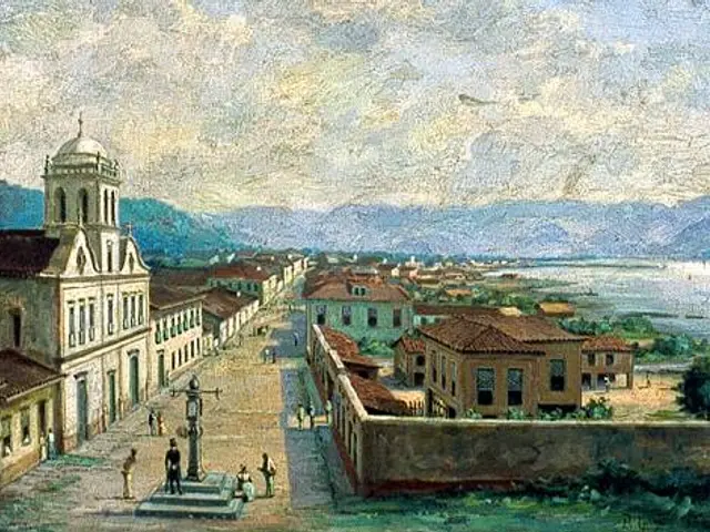 The image shows a painting of a city street with a church in the background, surrounded by...
