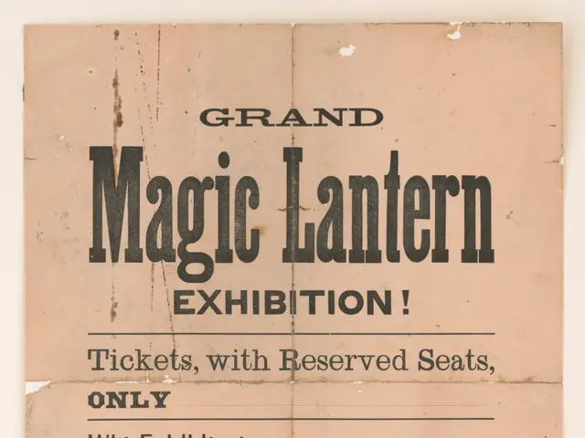 The image shows an old ticket for the Grand Magic Lantern Exhibition, with text written on it. The...