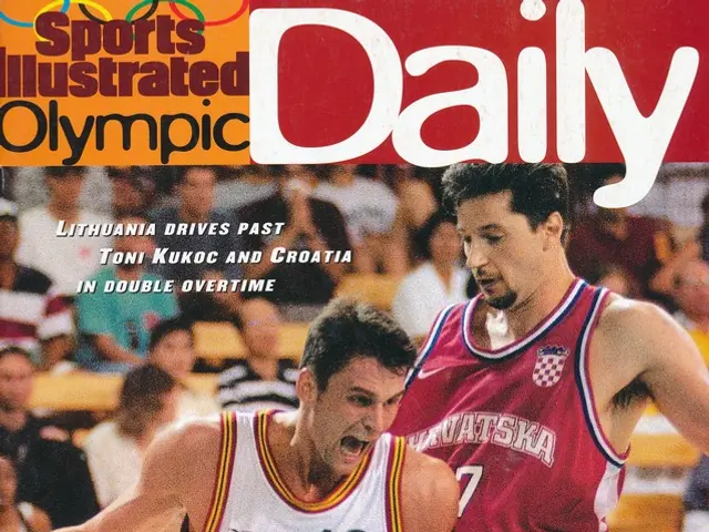 The image shows a magazine cover featuring two men playing basketball, with a group of people...