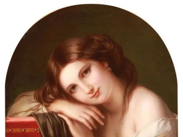 The image shows a portrait of a young woman in a white dress, painted by Sir John Everett Millais....