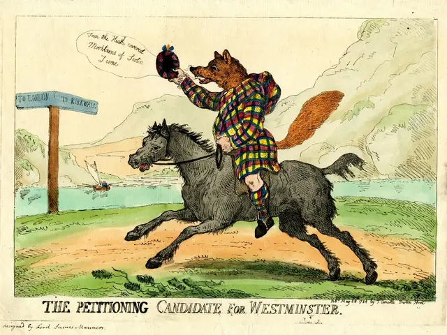 The image shows a cartoon of a man riding on the back of a horse, with a pole with a board attached...