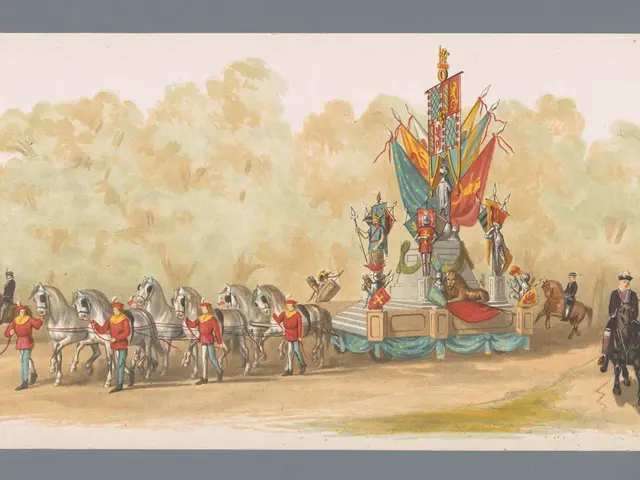 The image shows a painting of a group of people riding horses in front of a float, which appears to...
