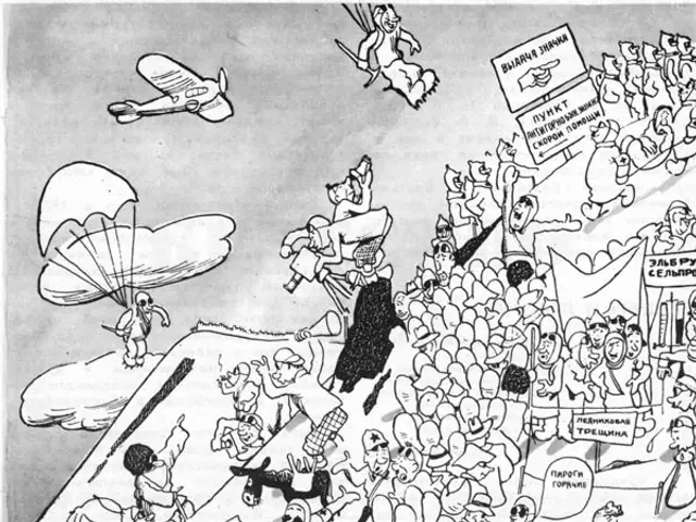 The image shows a black and white cartoon depicting a crowd of people with parachutes in the air,...