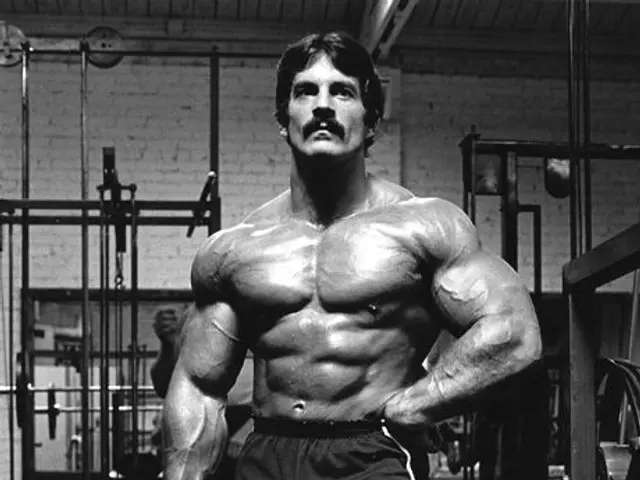 The image shows a bodybuilder, Arnold Schwarzenegger, standing in a gym with his hands on his hips,...