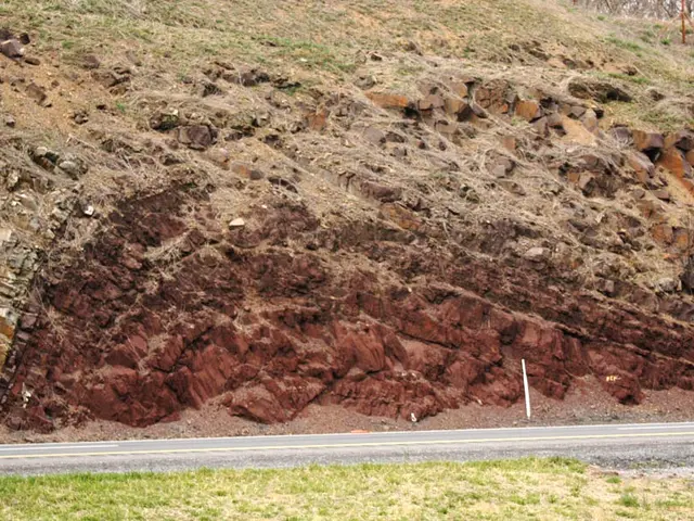 The image shows a large landslide on the side of a road, with grass at the bottom, a hill in the...