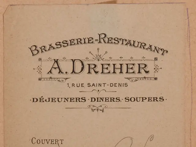 The image shows an old book with a drawing of a brasserie restaurant on it. The paper has text...