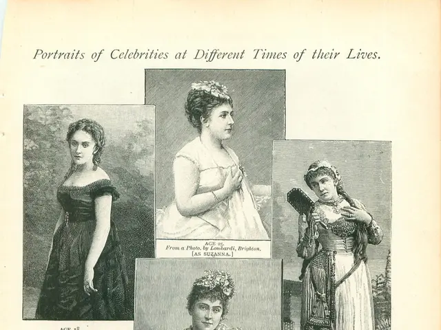 The image shows an old book with pictures of women in dresses on it. The woman in the center of the...