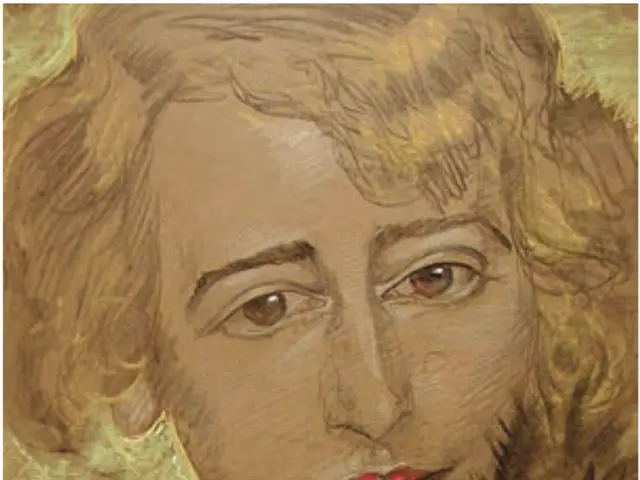The image shows a painting of a woman with blonde hair and red lipstick. Her face is the focus of...