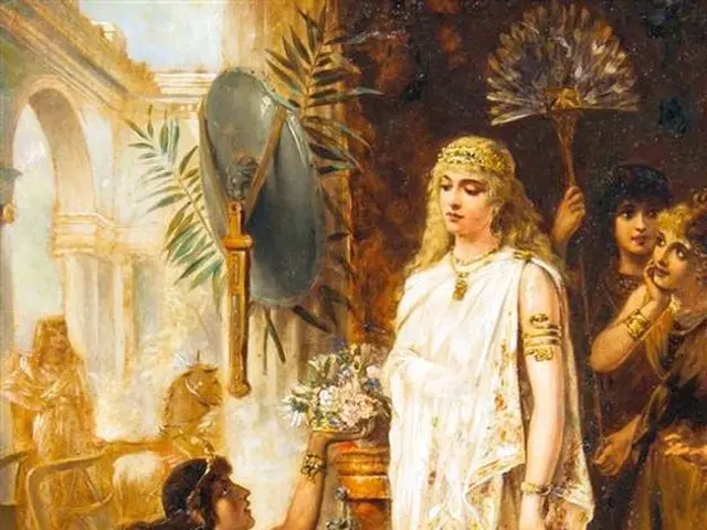 The image shows a painting of a woman in a white dress standing next to a man in a blue dress. The...