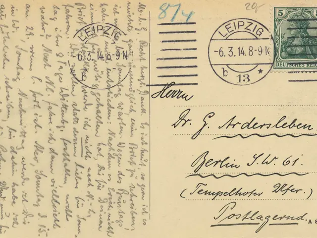 The image shows an old postcard with a stamp on it, which is an envelope from Leipzig, Germany,...