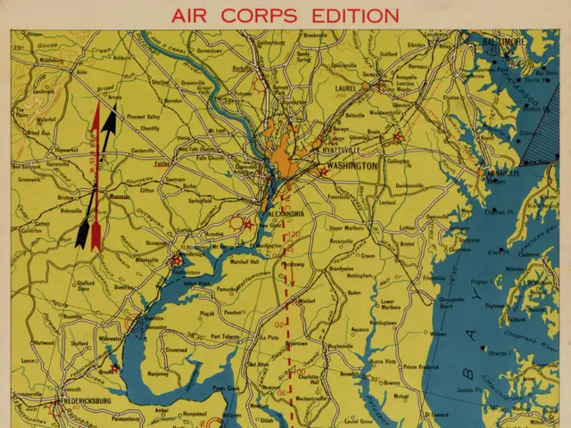 The image shows a poster of a map of the United States Air Corps Edition, with text at the top and...