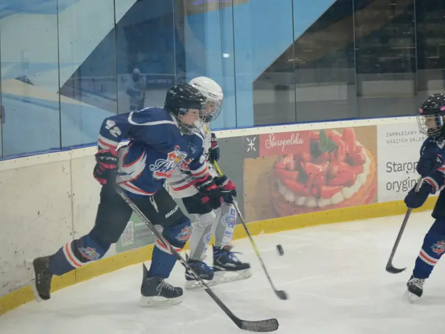The image shows a group of young people playing a game of ice hockey on an ice rink. They are...