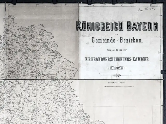 The image shows a black and white map of Konigreich Bayern, Germany, with text written on it. The...