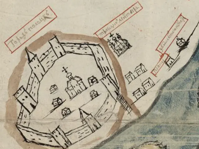 The image shows a drawing of a map of a city with a boat in the middle of it, depicting a...